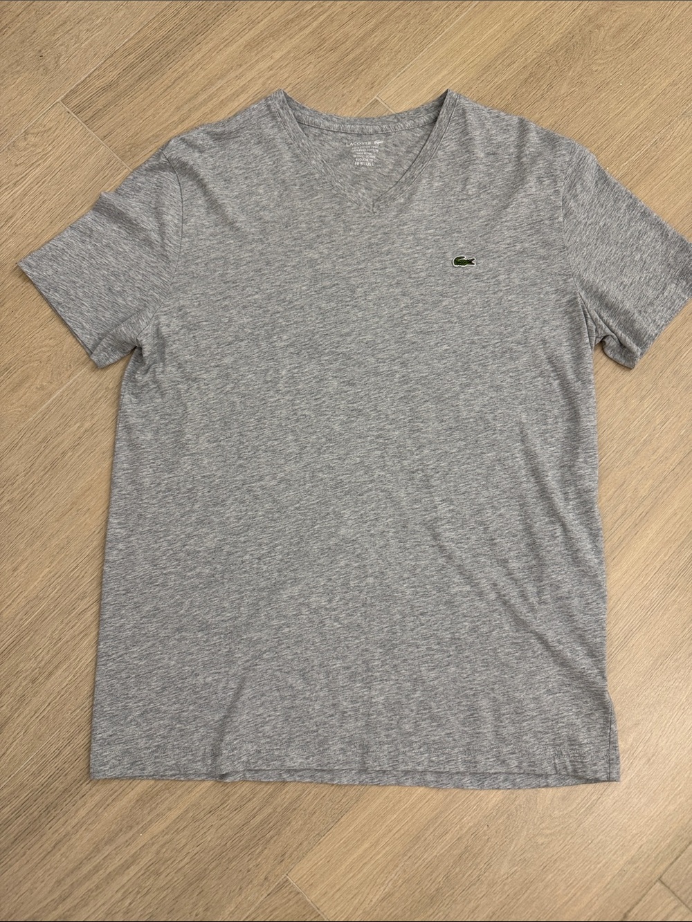 Lacoste Men's Gray V-Neck Short Sleeve Tee with Green Crocodile Logo
